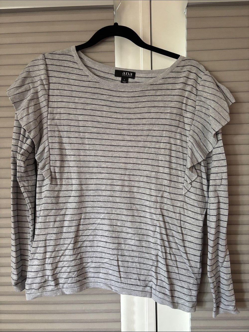 a.n.a Light Gray Striped Ruffle-Shoulder Long Sleeve Top